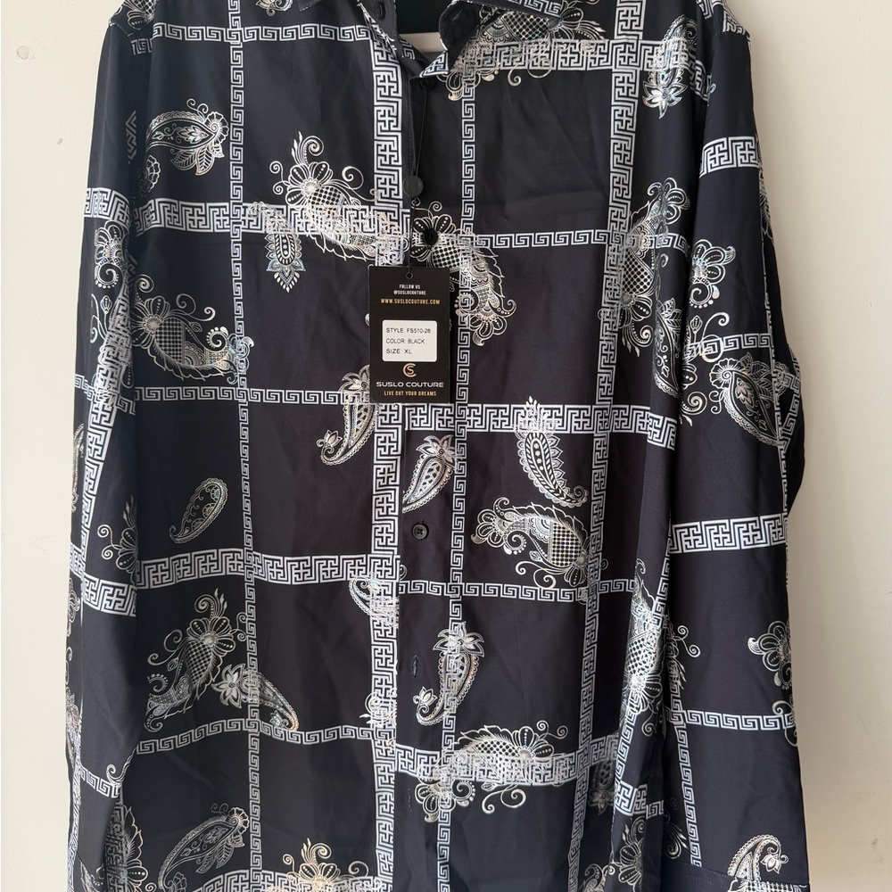 Paisley-Panel Button-Up Shirt Jacket in Black by Susulo Couture